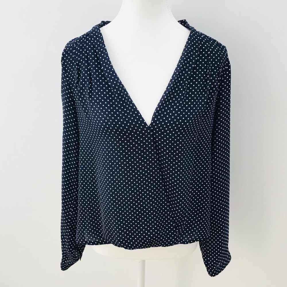 SPORTSGIRL size 10 long sleeved blouse, gathered V neck, dark blue w/white dots - Picture 1 of 8